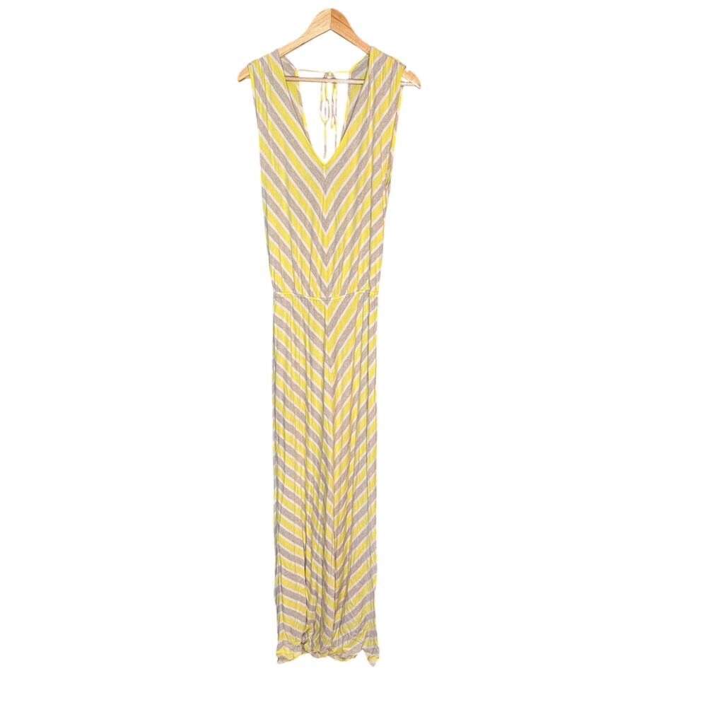 Ella Moss Yellow Stripe Maxi Dress Medium Sleeveless Open Back Tie Stretch